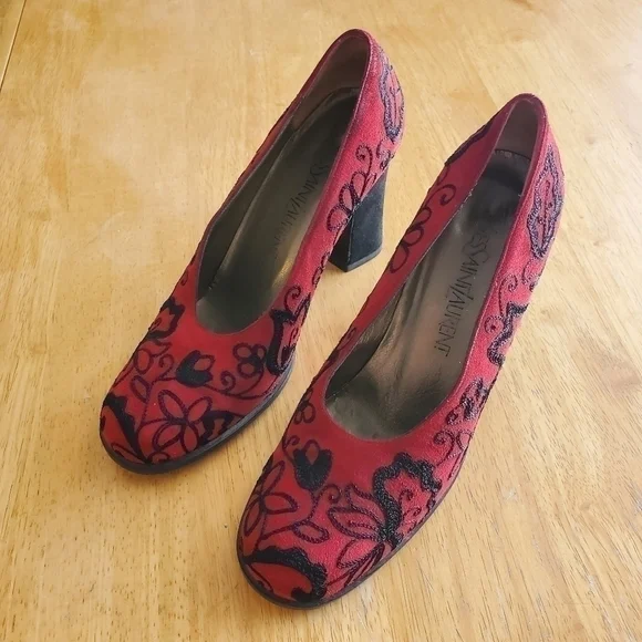 Yves Saint Laurent YSL Vintage Embroidered Block Heels Red and Black 6.5 M - Picture 2 of 10
